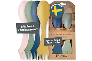 Light my Fire Spork Original 3-in-1 Camping Cutlery Knife Fork Spoon Set Survival Gifts for Scouts Camping Accessories Sporks Reusable Travel Cutlery Set 4-Pack Nature