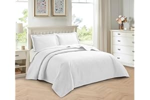 PRIME LINENS 3 Piece Quilted Bedspread Embossed Leaf Pattern Bedding Set Bed Throw with Pillow Cases Machine Washable (White, Double)