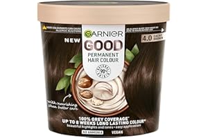 Garnier GOOD Permanent Hair Dye, 4.0 Cacao Brown. Achieve 100% grey coverage and 8-week colour. No ammonia, vegan shea butter formula offers rich, natural tones for all hair types.