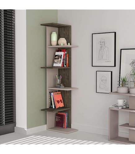 Libreria Angolare Nati, 34x161h Cm, 5 Ripiani, Colore Tortora: Soluzione Salvaspazio In Legno Per Soggiorno E Cucina