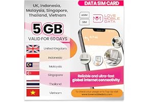 LOVE 2 SURF Love Mobile Data Only Sim Card - International Multi-Network 4G/5G Prepaid Pay As You Go Data Sim for Mobile, Routers etc, UK, Indonesia, Malaysia, Singapore, Thailand, Vietnam - 5GB - 60 Days