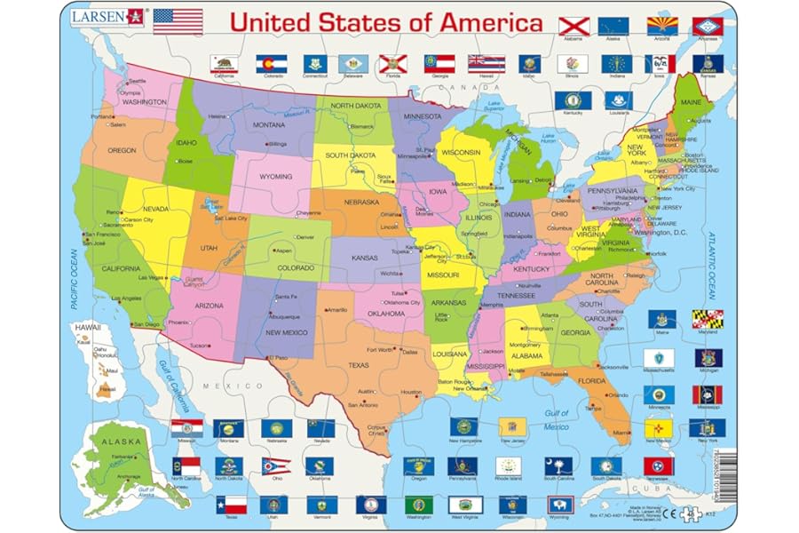 Larsen K12 United States Political Map – 48-Piece Boxless Tray Jigsaw Puzzle – Educational Geography Learning for Kids Age 4+ – Includes State Flags & Capitals – English Edition
