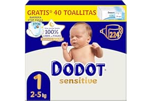Dodot Pañales Bebé Sensitive, Talla 1 (2-5 kg), 224 Pañales + Regalo de 40 Toallitas Aqua Pure 99% Agua, Hasta 12 h De Protección Antifugas y Cuidado de la Piel, Pack Mensual