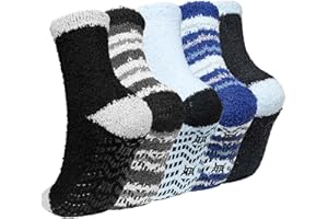 LOFIR Calcetines Invierno Antideslizantes para Hombre: Calcetines Térmicos para Dormir - Calcetines Calentitos y Gordos de Polar Coral Calcetines Suaves y Mullidos con Rayas 36-46 5 Pares