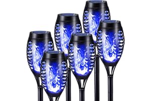 Geemoo Lumiere Flamme Solaire Exterieure 6 Pack Etanche Lampe Torche Solaire, Lampes Solaires à Flamme Vacillante Bleu pour Décoration Halloween Jardin, Patio, Chemins, Pelouse
