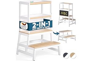 Spielwerk® Lernturm ab 2 Jahren Kinder mit Tafel Weiß 100kg Belastbar 93cm Hoch Montessori Learning Tower Trittschemel Kiefer Lernstuhl 2in1 Tritthocker Küche