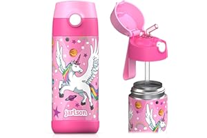 JARLSON® Borraccia Bambini Acciaio Inox, Bottiglia Termica, Senza BPA, Bottiglia Acqua con Cannuccia, Termos 350 ml (Unicorno 2)