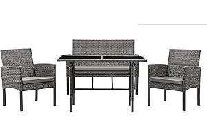 EVRE Grey Porto Garden Rattan Furniture Set 4 Piece Seat 1 Sofa 2 Chair Dining Outdoor Conservatory Wicker Weave Lounge Sofa and Glass Top Table with Cushions