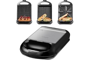 ‎STEINBORG Steinborg 3in1 Sandwichmaker XXL | 3 auswechselbare Platten | 1200 Watt | Kontaktgril | 4er Sandwich Maker | Multigrill | Waffel Eisenl | Elektrogrill | Waffeleisen, Siler/Schwarz