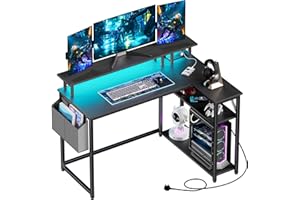 Yornoli L Shaped Desk with Led Lights＆Power Outlet 118CM Corner Gaming Desk for Small Spaces with Storage Shelves Corner Office Desk (Graphite Black)
