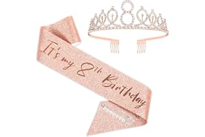 SZHUIHER Happy 8th Birthday Schärpe und Krone für Mädchen, Its My 8th Birthday Sash Birthday Bday Party Accessories, Birthday Decoration, 8th Birthday Crown, Glitter Birthday Sash Roségold