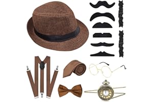 ELECLAND 10-teiliges 1920er Jahre Herren Kostümzubehör Set Roaring Retro Gangster Kostüm, Hut, Fliege, Taschenuhr, Hosenträger, Brille, Bart, Armband, Strumpfbänder, Taschenuhr