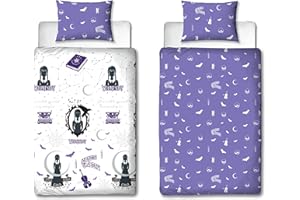 Character World Wednesday oficjalny zestaw poszewek na kołdrę, przeznaczny design, dwustronna, dwustronna, oficjalny produkt, w tym pasująca poszewka na poduszkę, fioletowa i biała kołdra na