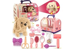 TEUVO Chien Jouet Enfant Chien Interactif pour Toilettage Jouet Chien Qui Marche Aboie 14 Pièces Cage & Électrique Chien Peluche Interactive Jeu de Rôle Cadeau Jouets pour Filles de 2 3 4 5 6 7 8 Ans
