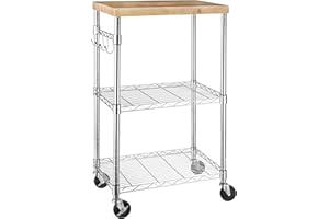 Amazon Basics scaffale da cucina portatile a 3 ripiani su ruote girevoli con 2 ripiani regolabili, capacità 175 libbre, 53 x 38 x 92 cm (lunghezza x larghezza x altezza), In Legno/Cromato