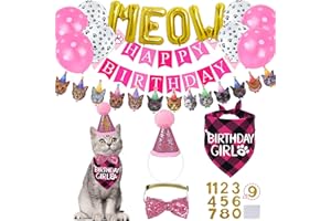 STMK Cat Birthday Party Supplies, Cat Birthday Hat Bandana Bow Tie Collar Birthday Number Cat Birthday Banner Garland MEOW Letter Balloons for Cat Kitten Birthday Outfits Decorations (Pink)