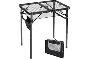 REDCAMP Folding BBQ Table, 3-Height Adjustable Aluminum Camping Table with Side Pockets & Storage Mesh, Portable Grill Stand for Outdoor Cooking Picnic RV Fishing, 60x40cm, Black