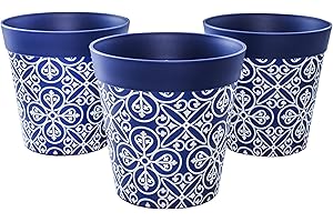 Hum Flowerpots, 15 cm, Lot de 3, Divers Motifs, Coloris et Tailles, Pots de Fleurs en Plastique Intérieur/Extérieur, Bleu Maroc