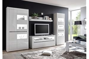 Newfurn Wohnwand Anbauwand Modern Wohnzimmerschrank Wohnlandschaft Mediawand Fernsehschrank II 316x198x 35-42 cm (BxHxT) II [Finn.Two Concept] in Weiß/Weiß Hochglanz Wohnzimmer