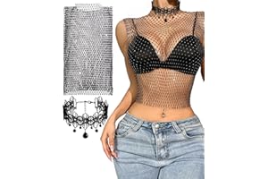 SCJJZ Rhinestone brillante malla cuerpo cadena tops,collar de encaje a juego,Manga Larga con Diamantes De Imitación Brillantes,para mujeres brillante bikini crop top para discoteca fiesta festival