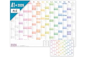 Häfft® Calendrier mural XXL 2026 A1+ de papier en français (63 x 89 cm) plié "Rainbow" + agenda annuel A4 gratuit, avec jours fériés de la France - durable & respectueux du climat