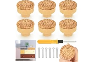 NUZEKY 6 Stück Rattan Möbelknöpfe, Natur Schrankknöpfe Mit Schrauben, Möbelknöpfe Holz Boho Deko, Kommodenknöpfe für Griffe Kommode, Schrank,Kommode,Schubladen,Wohnzimmer (6 Stück Rattan)
