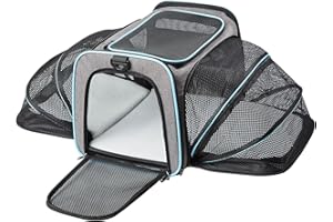 M.J COMFY-LIFE Expandable Cat Carrier Airline Approved, Soft-Sided Pet Carrier with Extendable Space & Fleece Bed, Foldable Carrier Bag for Cats, Small Dogs with Adjustable Shoulder Strap (Grey&Blue)