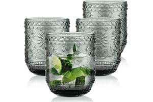 Joeyan Vasos Cristal Colorido,360ml Gris Vaso de Agua Modernos, Vaso de Vidrio con Estampado de Flores, Juego de 4 para Limonada Bebidas de Jugo Cola cóctel Cafe Sidra, Apto para Lavavajillas