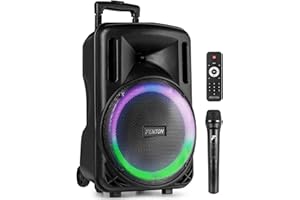 Fenton FT12LED MK2, Party Box Bluetooth Lautsprecher 700W, Musikbox Bluetooth Groß, 12" Woofer, Mikrofon, LED, Akku & Netzbetrieb, AUX/Gitarren Eingang, USB Media-Player, Stereo-Pairing, Partybox