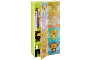 Relaxdays 10021965 Scaffale Componibile per Cameretta Bambini, con Ante e Bastone Appendiabiti, Disegno Animali, Colorato