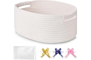 BOSROTY Small Woven Basket with Gift Bags and Ribbons, Empty Baby Gift Baskets for Kids Women Men, Nursery Storage, Small Cat Dog Pet Toy Boxes, 33 x 23 x 14 CM, White