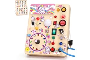 KONIJIWA Licorne Montessori Busy Board 1 an Enfants Activity Board Jouets en Bois avec 10 Interrupteurs 23 Lumières LED Jouets Sensory Learning Toys Jeux Montessori Jouet Enfant Bebe 1 2 3 Ans Cadeau Enfant