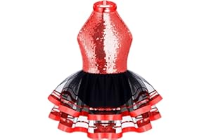 Alvivi Vestito da Danza Classica Bambina Paillettes Tutu Body da Balletto Abito da Ballo Senza Manica Ballerina Jazz Danza Moderna Dancewear