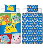 Pokemon - Set copripiumino 135 x 200 cm + federa 80 x 80 cm · Pokémon Pikachu azzurro · Biancheria da letto per bambini 100% cotone linone · con cerniera