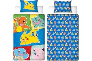 Pokémon - Juego de Funda de edredón para Cama Individual, diseño Retro, Reversible, de 2 Caras, Incluye Funda de Almohada a Juego, Ideal para Dormitorio Infantil, polialgodón