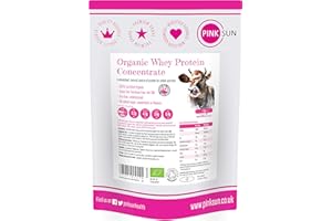 PINK SUN Organic Whey Protein Concentrate Powder Unflavoured 1kg (80% Protein with BCAA) Soy Free Grass Fed Gluten Free No Additives Vegetarian Undenatured Non GM Certified Bio UK