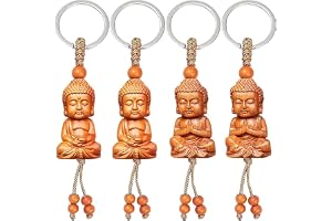 MINGZE 4 Stycken Buddha Nyckelring, Liten Buddha-Nyckelring Av Trä Dekoration Hänge Figur Liten Lyckobringare Gör-Det-Själv B