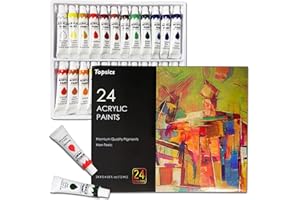 Topsics Colori Acrilici per Dipingere, 24 tubi da 12 mL Kit di Pittura Acrilica Perfetto per Pietra/Vetro/Legno/Tela, Kit di Pittura Acrilici Atossici per Principianti