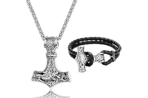 LOLIAS Martello di Thor Collana Viking Uomo Bracciali Mjolnir Set Thor's Hammer Collana Acciaio Inossidabile Mjolnir Bracciali Pelle Martello di Thor Ciondolo Gioielli Nordico Viking Regalo per Uomo