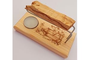 YA-DECOREGALOS Quemador de Palo Santo e Incienso con Vela, Varillas metalicas y Palo Santo.Soporte de Madera con Diseño Grabado, Hecho a Mano, Facil de Transportar, sostenible