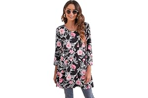 Enmain Tunique Femme 3/4 Manches Longues col Rond Blouse Longues Tunique Top pour Femmes Casual Élégant Chic Floraux Swing T Shirt