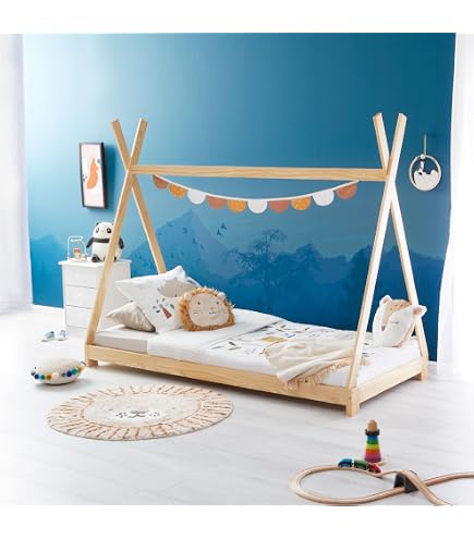 Lit Tipi Enfant Style Montessori - Dimensions 190 X 120 Cm, Structure En Lattes - Espace De Jeu Et Sommeil Sécurisé - Couleur Noir - 2