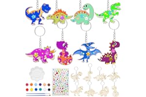 Capgoost Set di 16 portachiavi dinosauro in legno per bambini, dinosauro in legno da dipingere, portachiavi fai da te