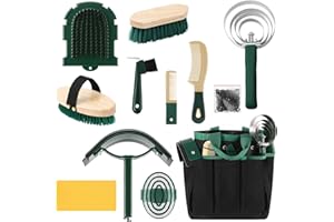 Abbylike 12 Pieces Horse Grooming Kit with Organizer Tote Bag Tack Room Supplies Horse Brush Sets Equine Care Cleaning Kit Shedding Grooming Massaging Tools (Khaki and Green)