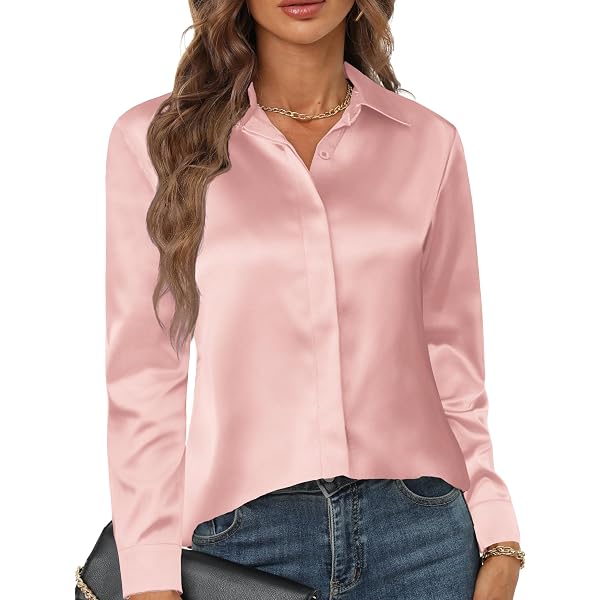 Chemisier Satin Femme Col V Manches Longues – Soie, Boutons – élégant Bureau, Soirée, Beige Taille S