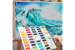 PENCILMARCH Set Di Acquarelli Professionali Di 38 Colori Con Mezze Pastiglie - Perfetto Per Artisti E Amatori - Scatola Acquerelli Professionali Pieghevole Con 1 Pennello Acqua Brush E 3 Spugne