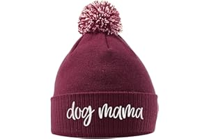 PURPLE PRINT HOUSE Dog Mama Bobble Hat, Dog Walking Accessories Birthday Gifts For Dog Mum Warm Winter Knitted Beanie Hat with Faux Fur Pom Pom for Womens Girls Mothers Day, One Size, Maroon