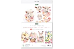 Katy Sue Designs Easter Animals & Spring Florals Die-Cut Decoupage Sheets. A Pack of 12 Sheets of Easter Die Cuts for Card Making Supplies with Lambs, Chicks, Bunnies, & Flowers