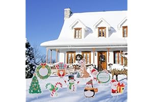 Kalolary 9 PCS Signes de Jardin de Noël avec 18 Piquets, Décor de Jardin Père Noël, Bonhomme de Neige, Wapiti, Guirlande Décorations Xmas Yard Signs Supplies - A