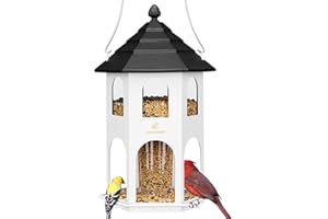 Kingsyard Metal Bird Feeder for Outdoor Hanging, Wild Bird Feeders with Circular Perch, Easy to Clean & Refill, 4 lbs Large Seed Capacity, White